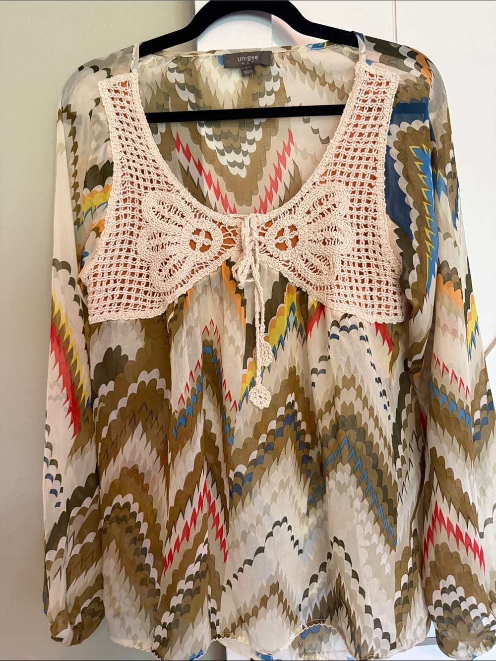 Umgee Multicolor Chevron Boho Blouse with Crochet Yoke L